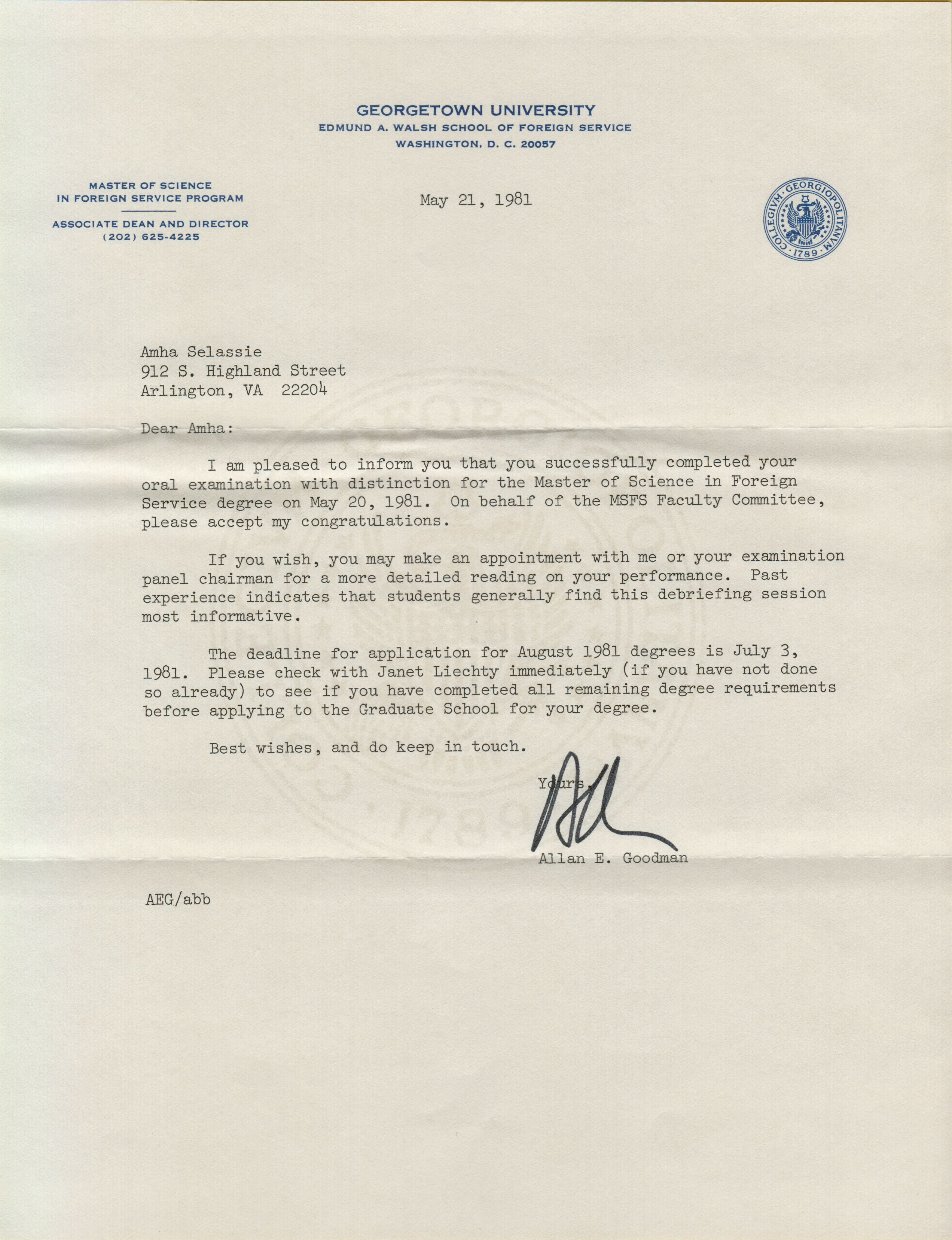 Georgetown University letter confirming Master of Science in Foreign Service, 1981