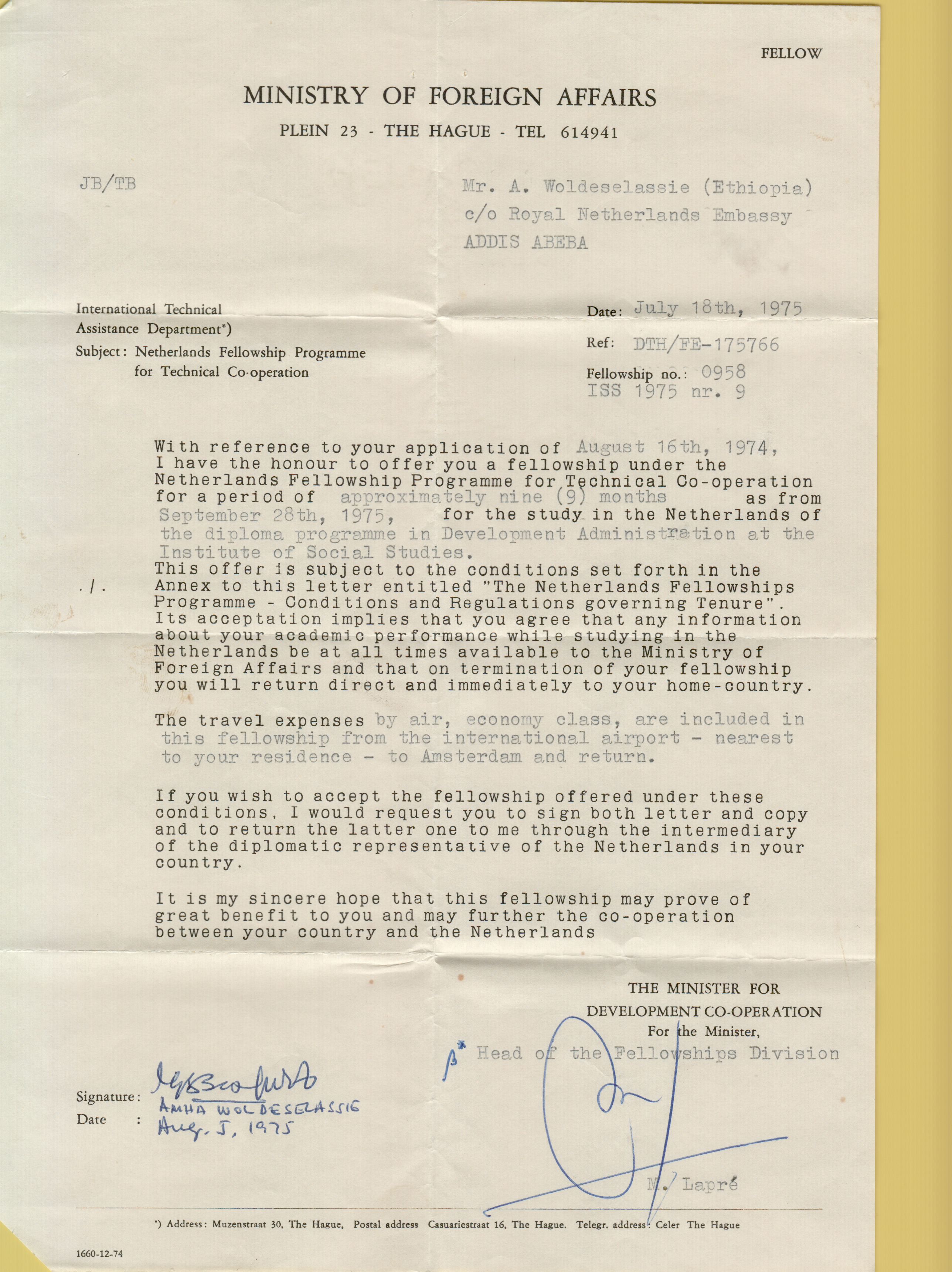 Netherlands Fellowship Programme acceptance letter, 1975